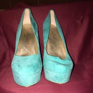 Turquoise high heel platform suede pumps